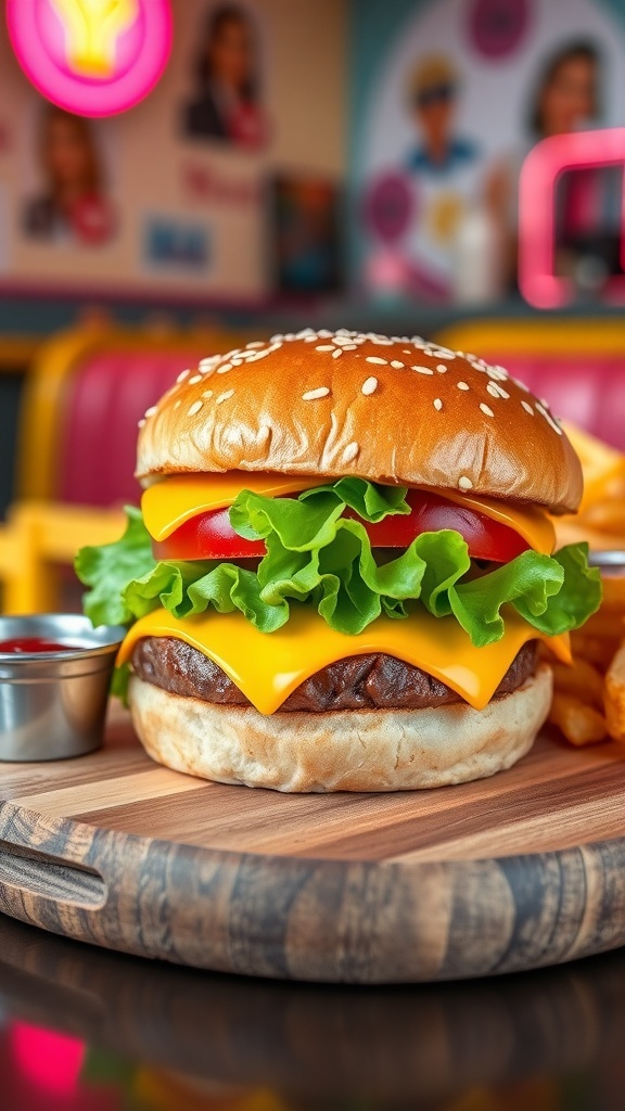 Juicy 80s Burger Recipe A juicy 80s burger with cheese, lettuce, and tomato on a toasted bun, served with fries.